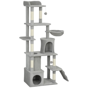 PawHut Arbre à chat tour de jeux 7 poteaux à griffer 3 platesformes 2 niches tunnel hamac et 2 pompons 170 cm gris foncé