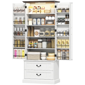 HOMCOM Buffet haut cuisine, armoire de cuisine, LED à capteur, 2 portes, tiroirs et étagères réglables, 76x39,5x183cm, blanc