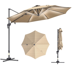 Outsunny Parasol déporté octogonal parasol LED solaire inclinable pivotant manivelle piètement aluminium dim. Ø 3 x 2,55H m beige