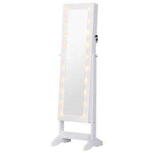 HOMCOM Espejo Joyero con 20 Luces LED Armario Joyero Reclinable con Guardajoyas Anillos Pendientes Collares 40x37x146 cm Blanco