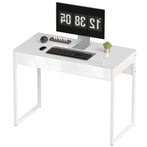 HOMCOM Bureau avec 2 tiroirs, table d'ordinateur 100 x 50 cm, bureau moderne pied en acier, pour petits espaces, blanc brillant