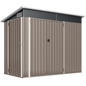 Outsunny Abrigo de Jardim em Metal Casinha Jardim Exterior Três Portas Trancáveis Telhado Inclinado Ventilação 234x132x185 cm Cinza