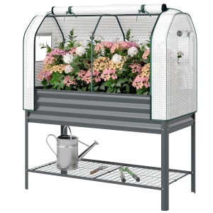 Outsunny Bac de Jardin sur Pieds en Métal avec Serre, Jardinière Surélevée avec Doublure et Étagère Inférieure, Gris Foncé