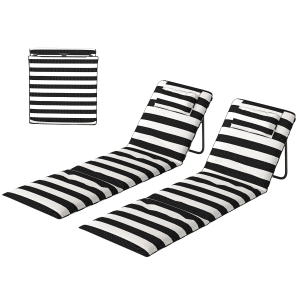 Outsunny Lot de 2 Tapis de Plage Pliables avec Dossier Réglable Appui-tête Rembourré 150x50x2 cm Gris et blanc