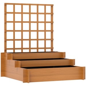Outsunny 3 Tier Garden Planters with Trellis for Vine Climbing, Wooden Raised Beds, 95x95x110cm, Brown