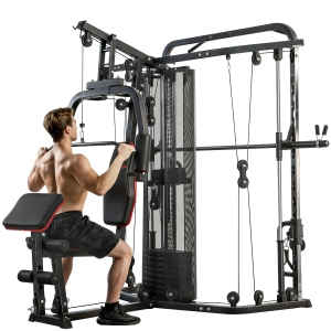 SPORTNOW Krachtstation fitnessstation met 65 kg gewichten, lat-trek, butterflystang, verstelbare preacherbank, beentrainer