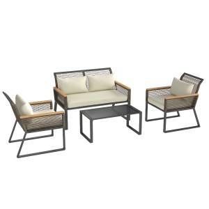 Outsunny Set de muebles de jardín Polyrattan para 4 personas resistente a la intemperie, conjunto para balcón con sofá 2 plazas, 2 sillones, mesa de cristal, cojines Beige
