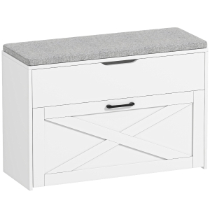 HOMCOM Banco Zapatero con Cajón Abatible y Compartimento, Capacidad 8 Pares de Zapatos, 80x30x55 cm, Blanco