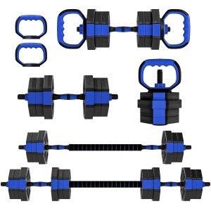 SPORTNOW Conjunto de Halteres Musculação 6 em 1 Haltere Ajustável 20 kg Kettlebell Barra de Musculação Suporte para Flexões Azul