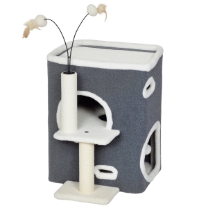 PawHut Katzenkratzbaum, Top-Liegefläche, 2-stöckiges Haus, Sisalpfosten, Grau