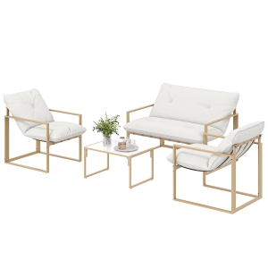 Outsunny Salon de jardin extérieur 4 pièces avec coussins ultra-épais 15cm canapé 2 places avec table basse et 2 fauteuils kaki