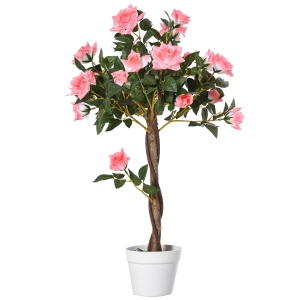 Outsunny Pianta Finta di Rosa da 21 Fiori con Vaso Riempito in Cemento e Muschio, Ø18x90 cm, Rosa