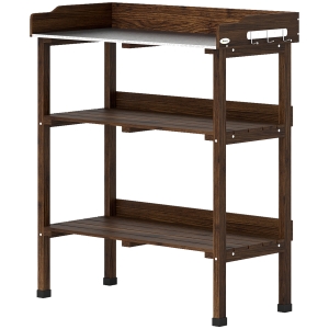 Outsunny Mesa de Jardinagem de Madeira com Superfície Metálica Prateleiras e Ganchos para Jardim e Terraço 76x37x89 cm Carbonizado