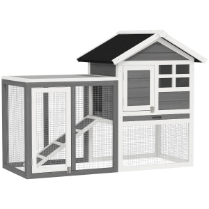 PawHut 2 Tiers Rabbit Hutch and Run Wooden Guinea Pig Hutch Outdoor with Sliding Tray, Ramp, 122 x 62.6 x 92cm, Grey