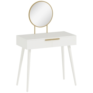 HOMCOM Modern Dressing Table with Round Mirror, Makeup Vanity Table with 2 Drawers for Bedroom, Living Room, White