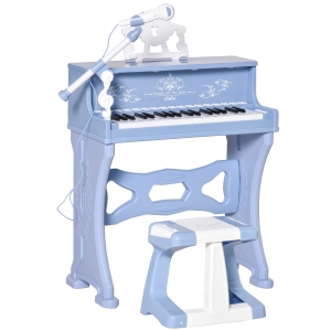 HOMCOM 37 Keys Kids Piano Mini Electronic Keyboard Light Kids Musical Instrument Educational Game Children Grand Piano Toy Set w/Stool & Microphone & Music Stand (Blue)