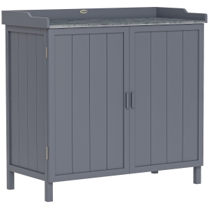 Outsunny Garden Storage Cabinet, Outdoor Tool Shed, Potting Bench Table with Galvanized Top and Two Shelves for Yard Tools or Pool Accessories, Grey