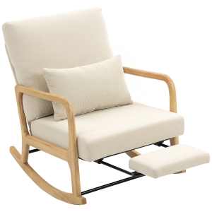 HOMCOM Silla Mecedora Nórdica con Reposapiés Respaldo Ajustable Mecedora de Pana Patas de Madera y Reposabrazos Cojín Crema