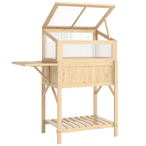 Outsunny Hochbeet mit Frühbeetaufsatz aus Holz Pflanzkasten mit Gewächshaus klappbar Seitentisch Ablagefach Naturholz