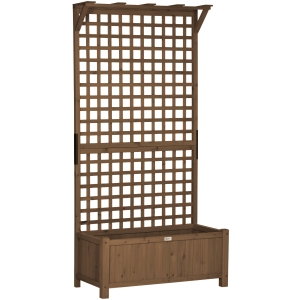 Outsunny Jardinieră Ridicată pentru Exterior cu Spalier și Bară Superioară, Jardinieră din Lemn de Brad cu Găuri de Drenaj pentru Flori și Legume, pentru Grădină și Balcon, Cafeniu Întunecat