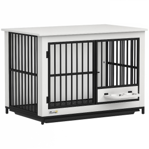 PawHut Große Hundebox, einfacher Zugang, verschließbar, drehbarer Schüsselhalter, für kleine und große Hunde, Weiß