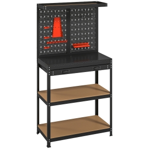 HOMCOM Werkbank 80 x 40,5 x 155 cm Werkzeugbank mit Lochwand, Haken,  Schublade, 2 Ablagen für Werkstatt Schwarz