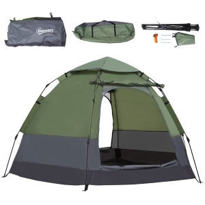 Outsunny Pop-up camping tent 3-4 person dome tent waterproof lightweight ventilated easy to set up 2 large doors dim. 2.6L x 2.6l x 1.5H m fiberglass polyester oxford green grey