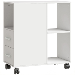 HOMCOM Măsuță Minimalistă pe Rotile cu 2 Sertare, Compartiment Deschis și Raft Reglabil, din Lemn, 60x30x65 cm, Alb