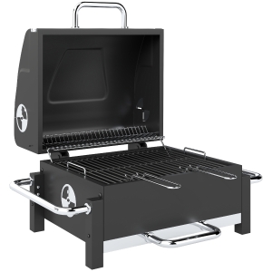 Outsunny Grill na węgiel drzewny ze stali przenośny BBQ Smoker z pokrywą regulowanymi otworami wentylacyjnymi dwupoziomowy pojemnik na węgiel termometr
