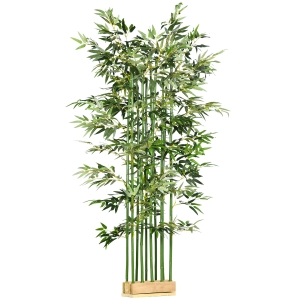 HOMCOM Plantă Artificială de Bambus, Înălțime 180 cm, cu 1640 de Frunze și Bază din Lemn de Pin, 35x10x10 cm, Verde