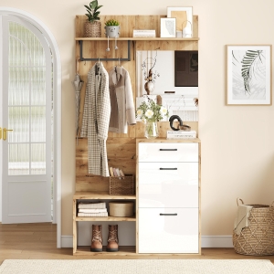 7-In-1 Coat Rack with 2 Shoe Compartments and Semi-open Shelves, High-gloss Cabinet with Mirror, 100L x 38.5W x 190H cm, White+Oak