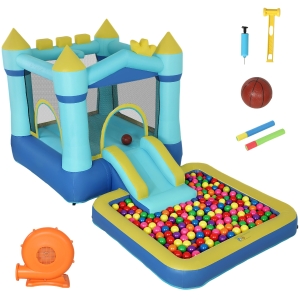 AIYAPLAY Springkasteel Opblaasbaar Speelcentrum met Luchtblazer Glijbaan Trampoline Zwembad/Ballenbak Waterpistool 364x173x182 cm Blauw