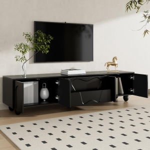 Minimalist TV Cabinet with Solid Wood Legs and Curved Doors, Spacious Storage Unit with Drawers and Shelves, 180L x 40W x 42H cm, Black
