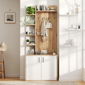 Hall Tree Coat Rack with Shoe Cabinet and 5 Open Shelves, Double‑door Storage for Narrow Entrance, 75L x 33W x 180H cm, White+Oak