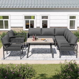 Stylish Garden Lounge Set with Galvanised Iron Frame and Wood‑Grain Table, Large Sofas and Table for 8 People, 124L x 69W x 86H cm, Gray