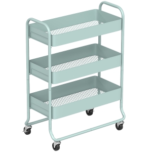 HOMCOM 3-Tier Storage Trolley on Wheels, Rolling Utility Cart with Mesh Backets for Kitchen, Bathroom, Bedroom, Light Green
