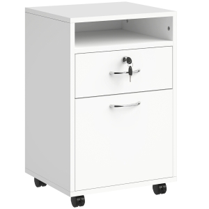 HOMCOM Schedario da Ufficio con Cassetto, Ruote a Freno e Ripiano Aperto, Cassettiera Ufficio con Serratura e 2 Chiavi per Lettera/Legale/Formato A4, Armadietto per Studio, 40x35x60cm, Bianco