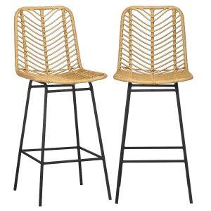 HOMCOM Lot de 2 tabourets de bar design bohème Hauteur 66 cm avec repose-pieds métal et rotin PE - naturel