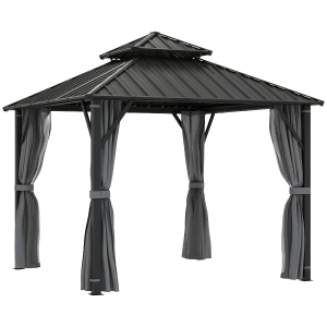 Outsunny 3 x 3(m) Hardtop Gazebo Canopy with Metal Roof, Waterproof Permanent Pavilion Garden Gazebo with Netting, Curtains, Grey