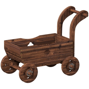 Outsunny Carrinho de Madeira Decorativo Vaso Elevado com 4 Rodas Pega Orifícios de Drenagem 68x38x52 cm Carbonizado