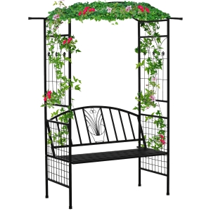 Outsunny plantenboog met bank - zitbank tuinboog met klimrek, metaal, matzwart, 154 x 60 x 205 cm