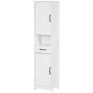 kleankin Mobile Colonna Bagno in Legno con Mensola Aperta, Cassetto e 2 Armadietti, 40x30x164 cm, Bianco