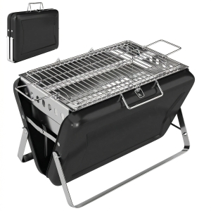 Outsunny Houtskoolbarbecue van Roestvrij Staal BBQ Smoker met Grillrooster Handgreep Opklapbare Poten voor Barbecue Camping 40x28x25,5cm Zwart