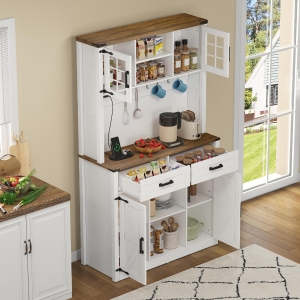 Tall Kitchen Pantry with Drawers and Remote-Controlled LEDs, Stylish Bar Cabinet with Adjustable Shelves, 100L x 40W x 172H cm, Brown+White