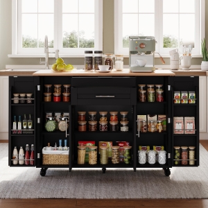 Versatile Kitchen Trolley with Fold-Out Worktop, Spacious Storage Island with Double-Door Cabinets, 136L x 70W x 92H cm, Black+Natural