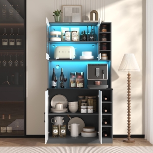 Tall Kitchen Cupboard with LED Lighting and Generous Storage, Freestanding Pantry with Microwave Shelf, 100L x 47W x 187H cm, White+gray