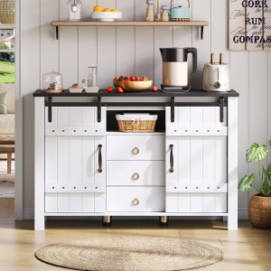 Versatile Sideboard with 3 Drawers and Quiet Sliding Doors, Rustic Buffet Cabinet for Kitchen, Dining Areas, 120L x 40W x 80H cm, White