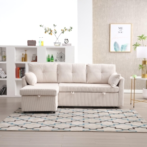 L-Shaped Convertible Sectional Sleeper Sofa with Pull Out Bed, 3-In-1 Convertible Sofa with High Storage Chaise, 206L x 130W x 88H cm, Beige