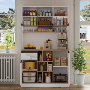 Stylish Kitchen Cabinet with Open Storage, Anti-Tip Protection, Versatile Sideboard for Dining and Living Areas, 105L x 45W x 185H cm, White