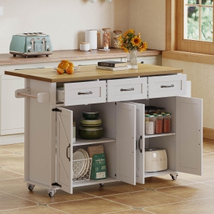 Mobile Kitchen Island with 5 Lockable Castors and Central Wheel, Practical Cart with Foldable Tabletop, 140L x 70W x 90.5H cm, White+Natural